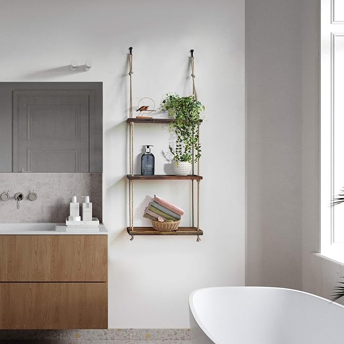 Hanging Rope Plant Shelf - Rustic Wood Floating Shelf