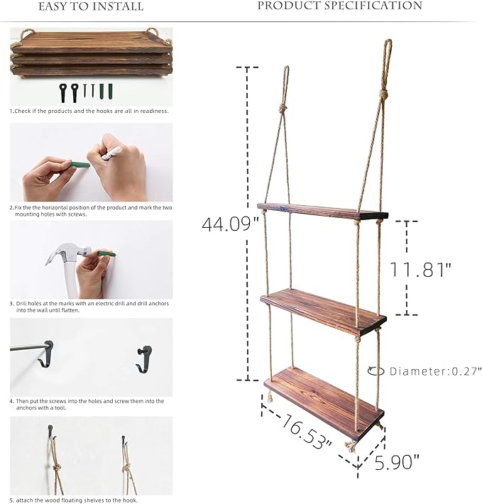 Hanging Rope Plant Shelf - Rustic Wood Floating Shelf