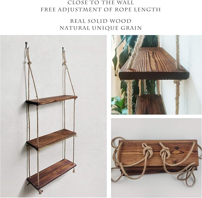 Hanging Rope Plant Shelf - Rustic Wood Floating Shelf
